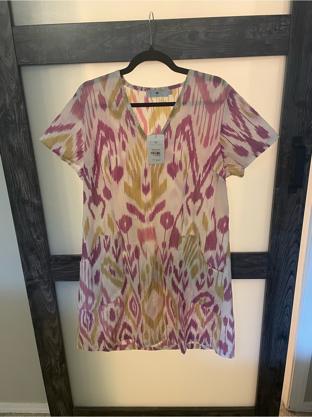 Short Sleeve V-Neck Ikat Tunic in Pink & Yellow